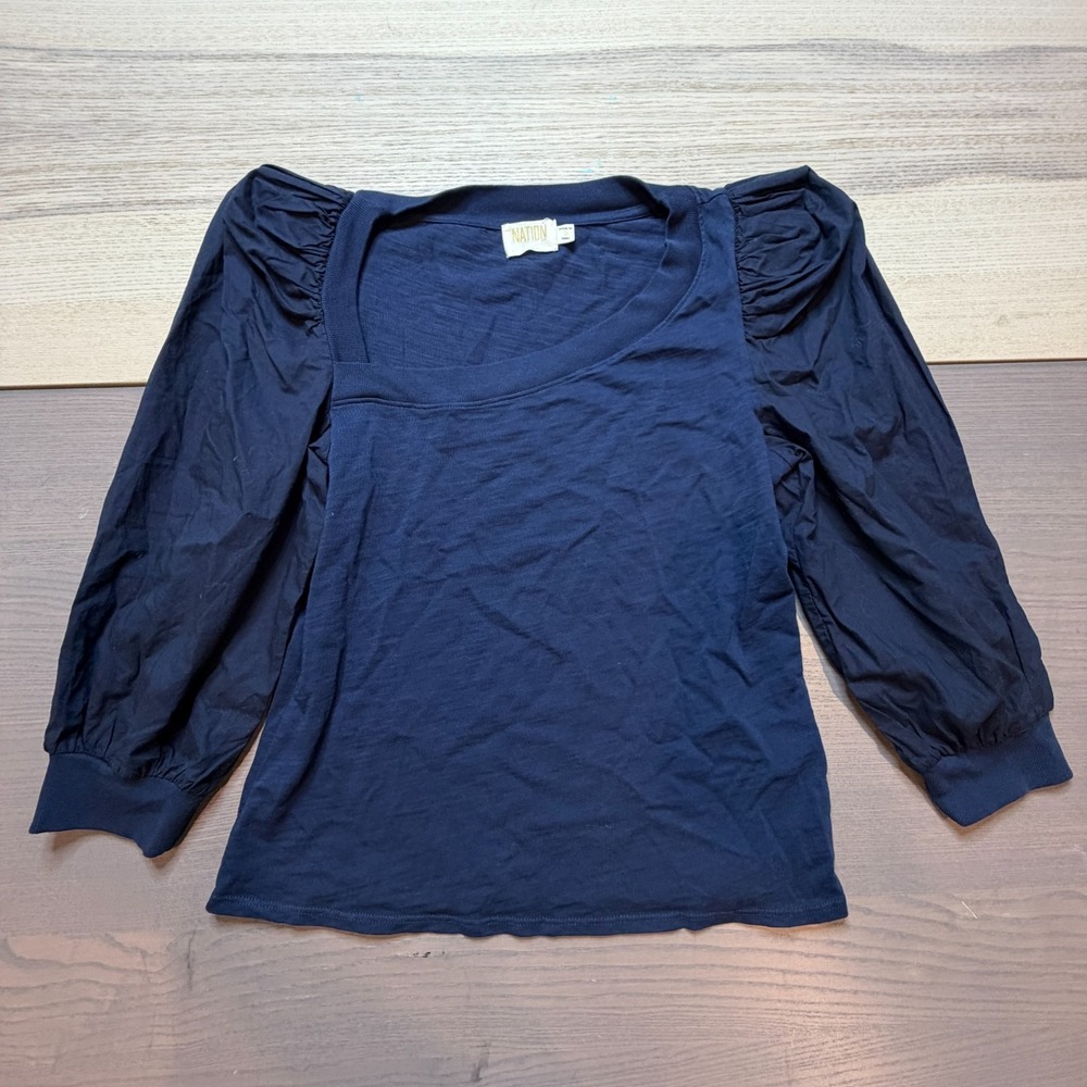 Nation Women‎ Top Small Asymmetrical Neck Puffy Sleeve Shirt Navy Preppy